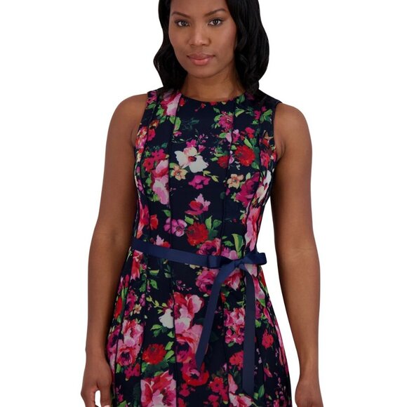 Jessica Howard Petite Floral-Mesh Ribbon-Waist Midi Dress โ Navy Multi โ 4P NWT - Picture 5 of 5